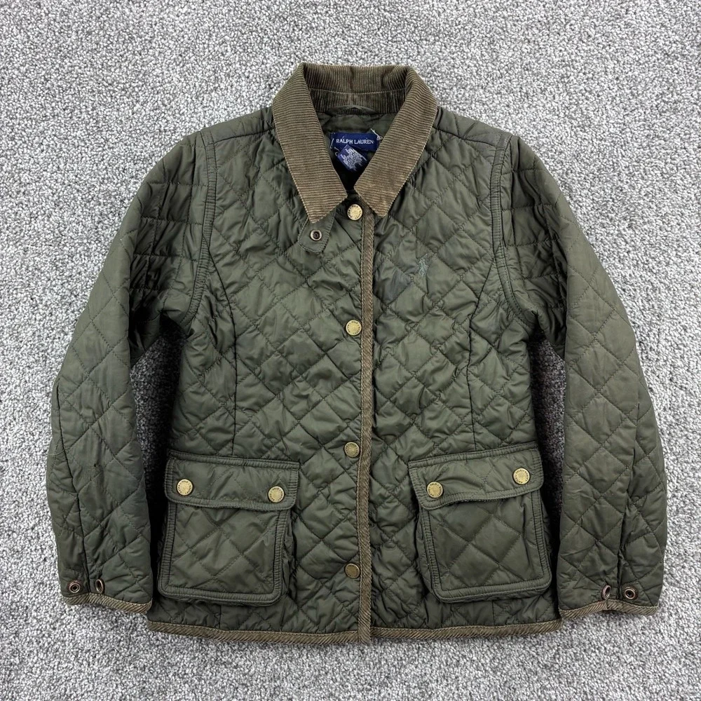 Vintage Polo Ralph Lauren Quilted Jacket Youth 6 Green Barn Chore Corduroy Trim